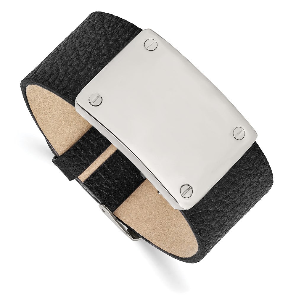 8.5 Zoll Edelstahl Poliert Schwarz Leder Verstellbar 8.5 Zoll Id Armband