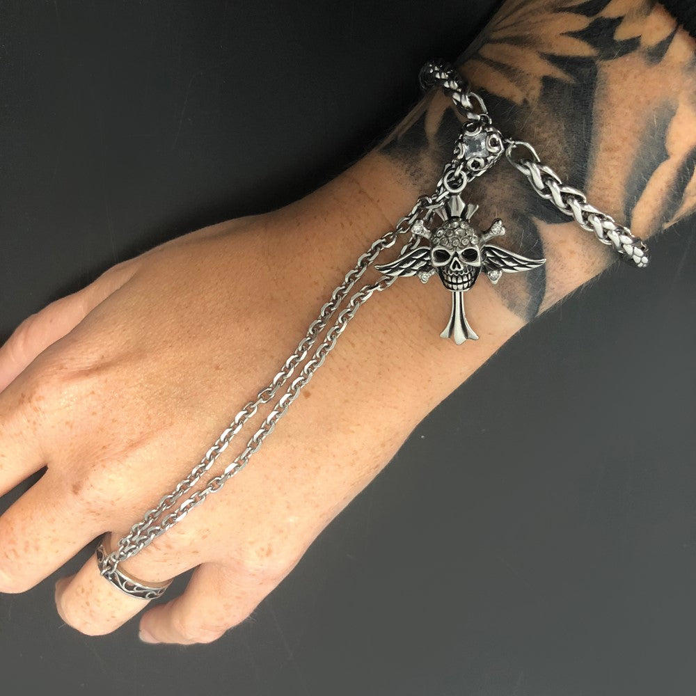 9 Zoll Edelstahl Antikisiert & Poliert Winged Totenkopf Kreuz Kristall Connect Armband Ring