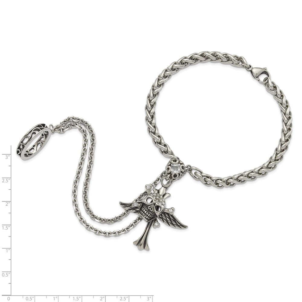 9 Zoll Edelstahl Antikisiert & Poliert Winged Totenkopf Kreuz Kristall Connect Armband Ring