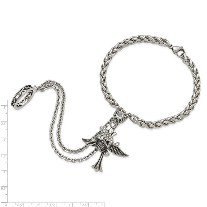 9 Zoll Edelstahl Antikisiert & Poliert Winged Totenkopf Kreuz Kristall Connect Armband Ring