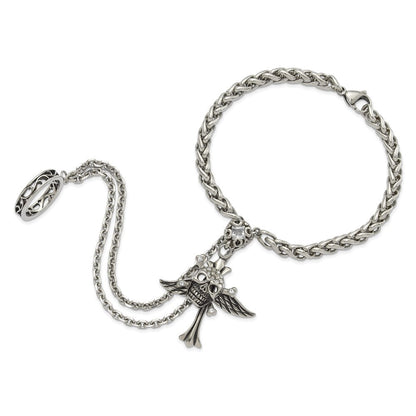9 Zoll Edelstahl Antikisiert & Poliert Winged Totenkopf Kreuz Kristall Connect Armband Ring