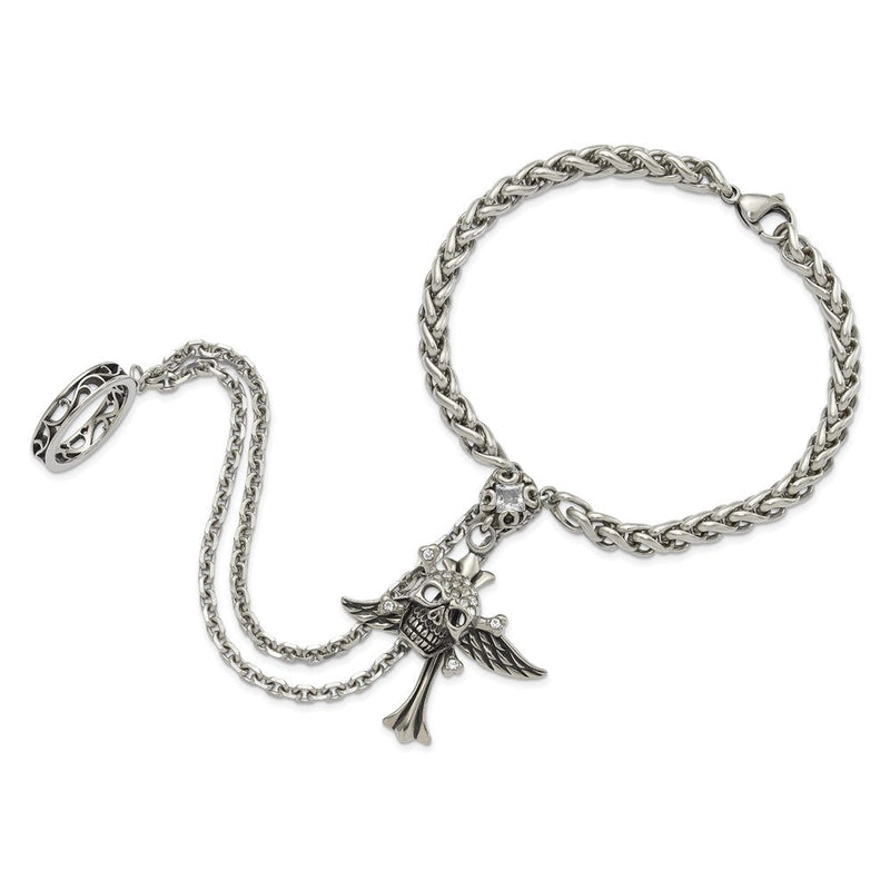 9 Zoll Edelstahl Antikisiert & Poliert Winged Totenkopf Kreuz Kristall Connect Armband Ring