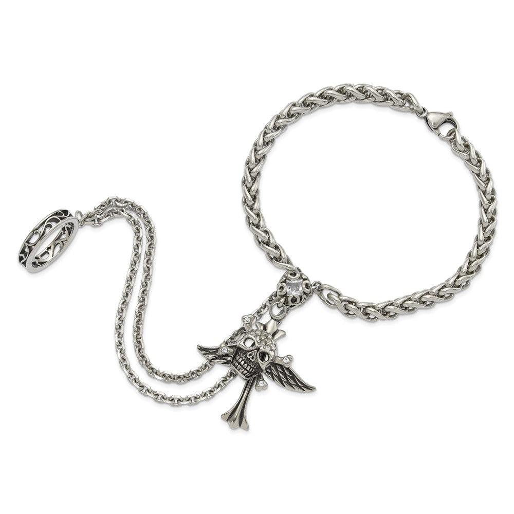 8 Zoll Edelstahl Antikisiert & Poliert Winged Totenkopf Kreuz Kristall Connect Armband Ring