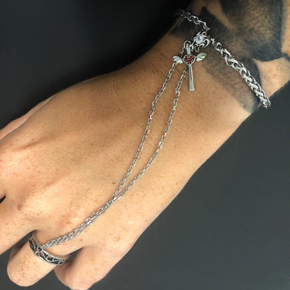 8 Zoll Edelstahl Poliert & Antikisiert Kristall Herz Kreuz Connected Ring Armband