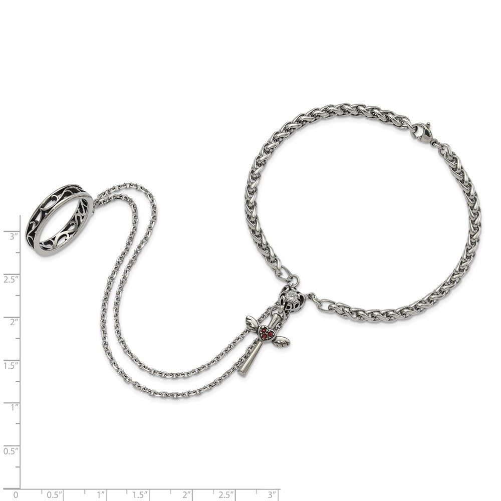 8 Zoll Edelstahl Poliert & Antikisiert Kristall Herz Kreuz Connected Ring Armband