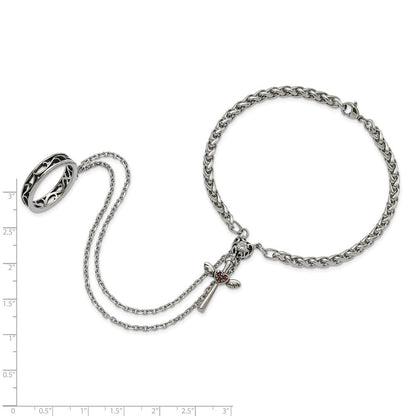 8 Zoll Edelstahl Poliert & Antikisiert Kristall Herz Kreuz Connected Ring Armband