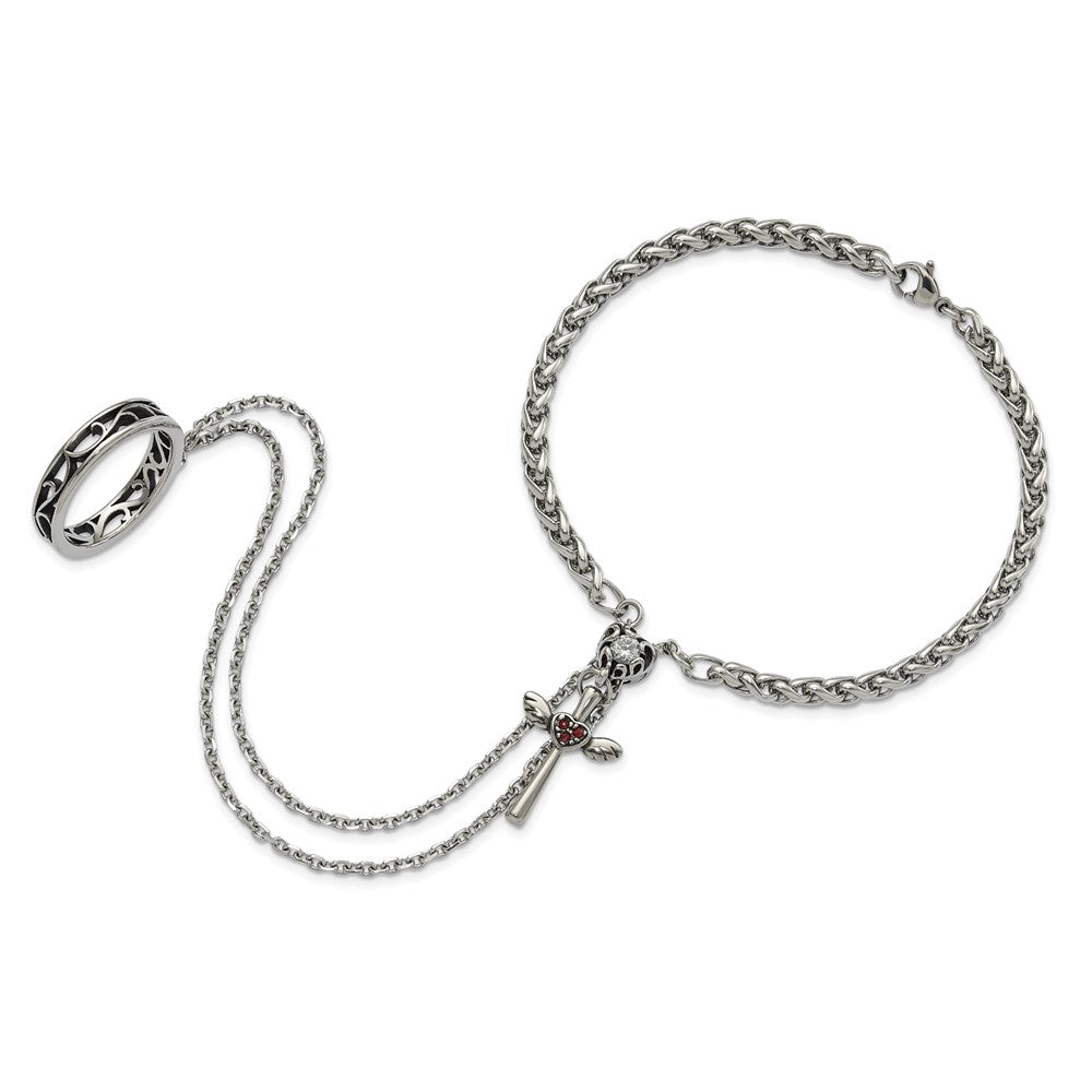 8 Zoll Edelstahl Poliert & Antikisiert Kristall Herz Kreuz Connected Ring Armband