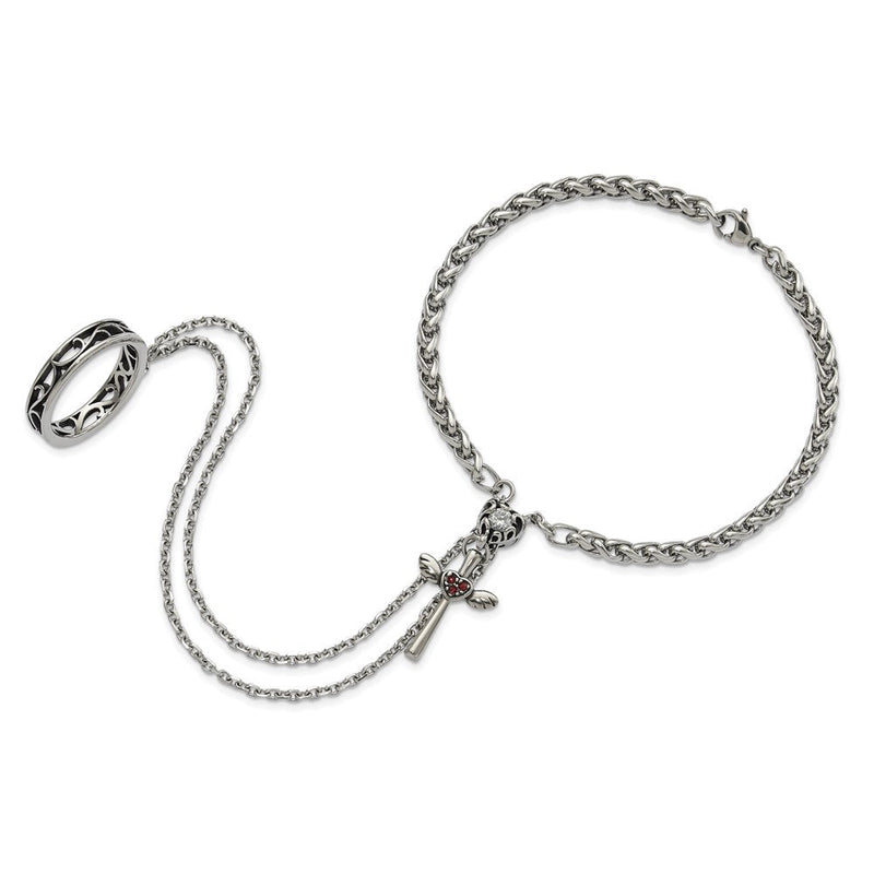 8 Zoll Edelstahl Poliert & Antikisiert Kristall Herz Kreuz Connected Ring Armband