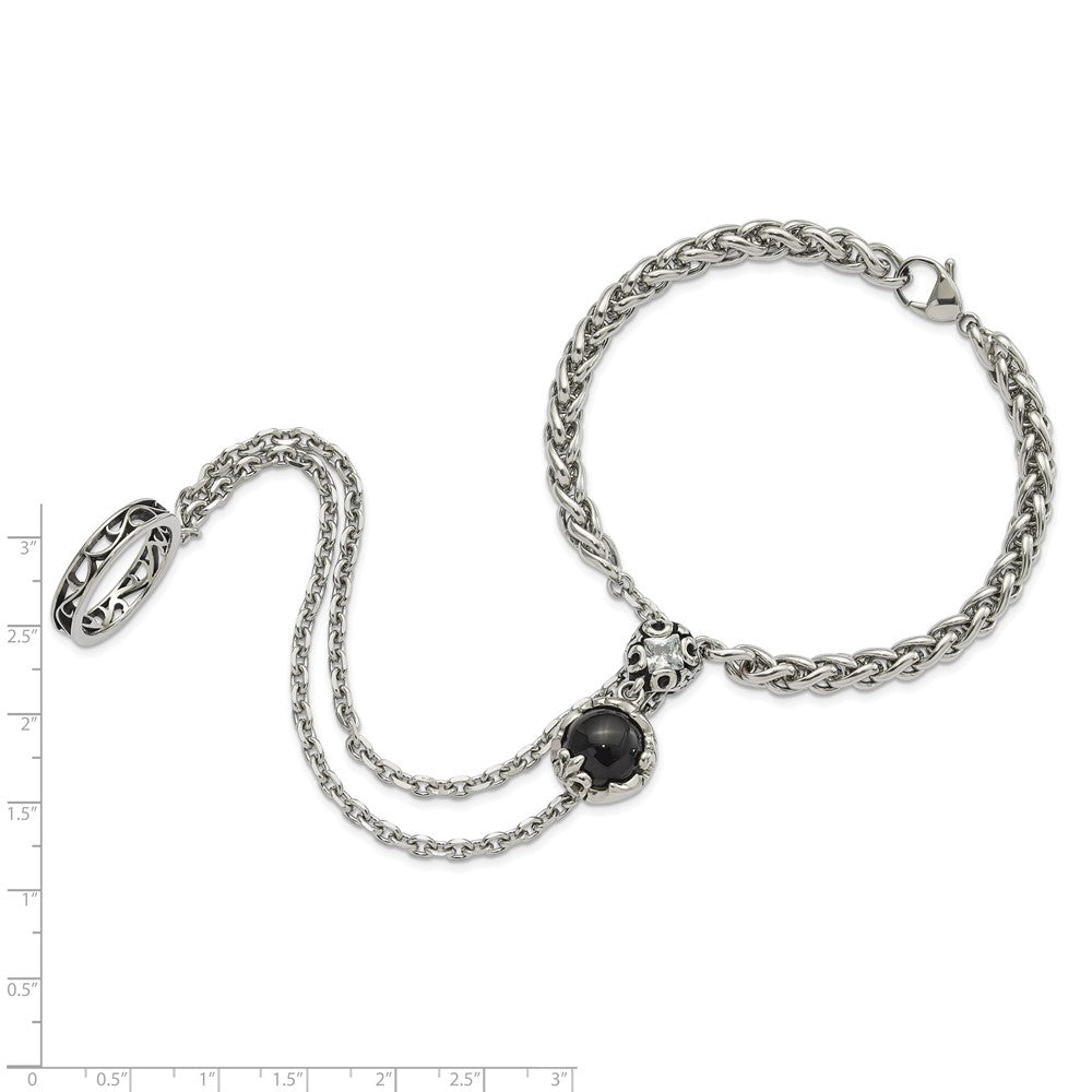 8 Zoll Edelstahl Poliert & Antikisiert Kristall Glas Fleur De Lis Connected Ring Armband