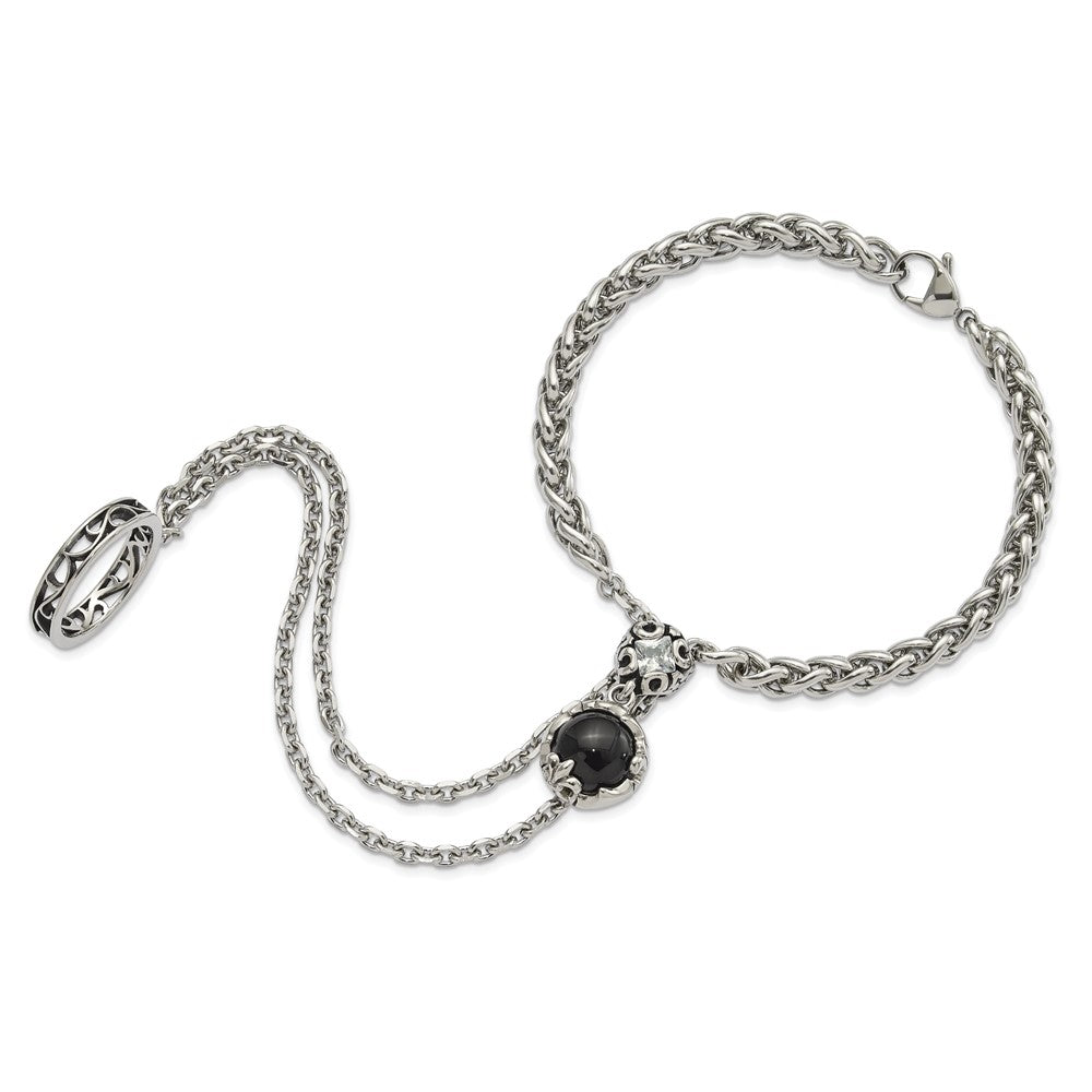 8 Zoll Edelstahl Poliert & Antikisiert Kristall Glas Fleur De Lis Connected Ring Armband