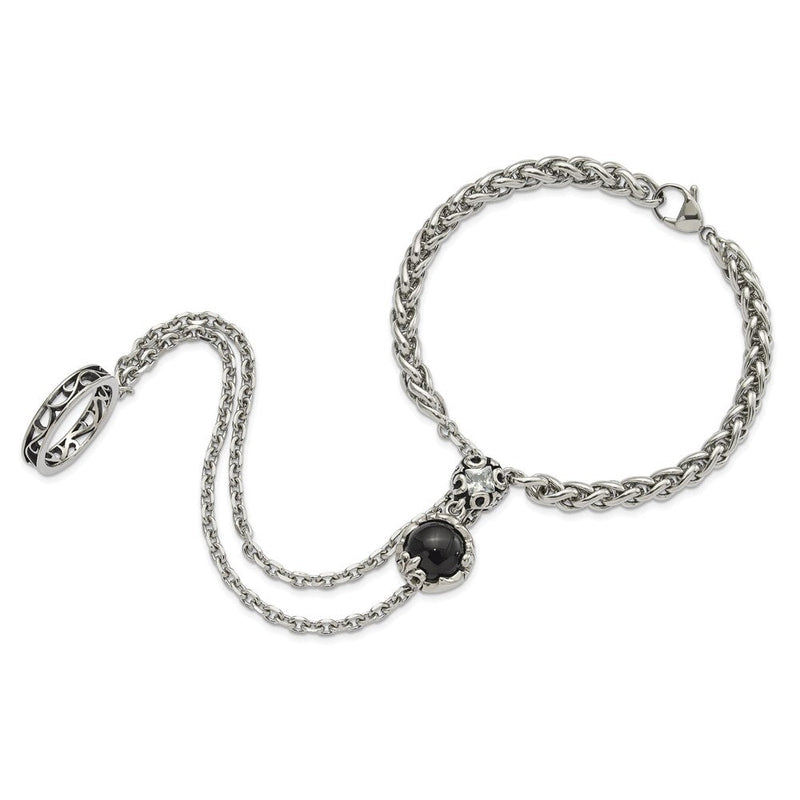 8 Zoll Edelstahl Poliert & Antikisiert Kristall Glas Fleur De Lis Connected Ring Armband