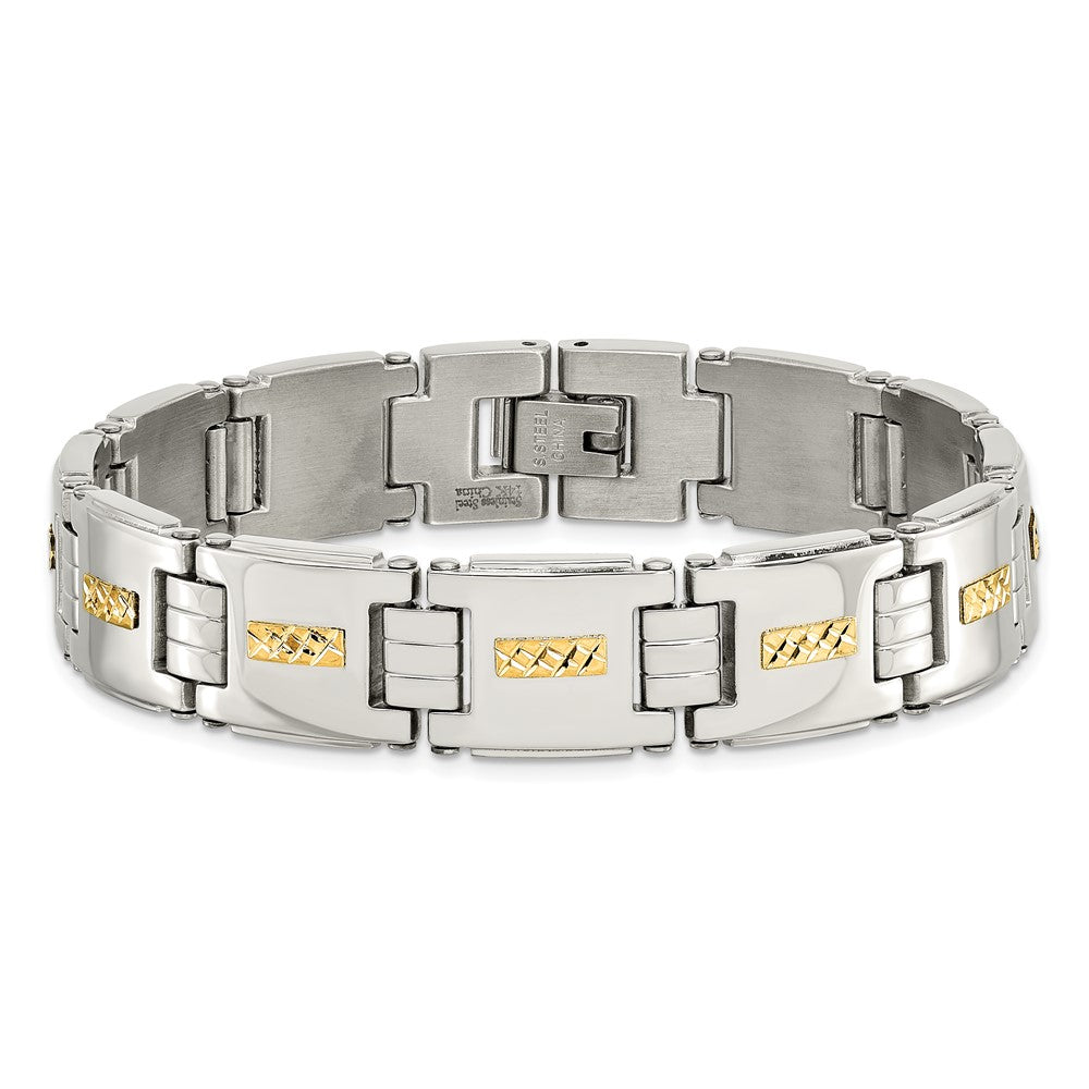 Edelstahl Chisel Poliert mit Diamantiert 14K Gold Einlage 8 Zoll Glieder Armband