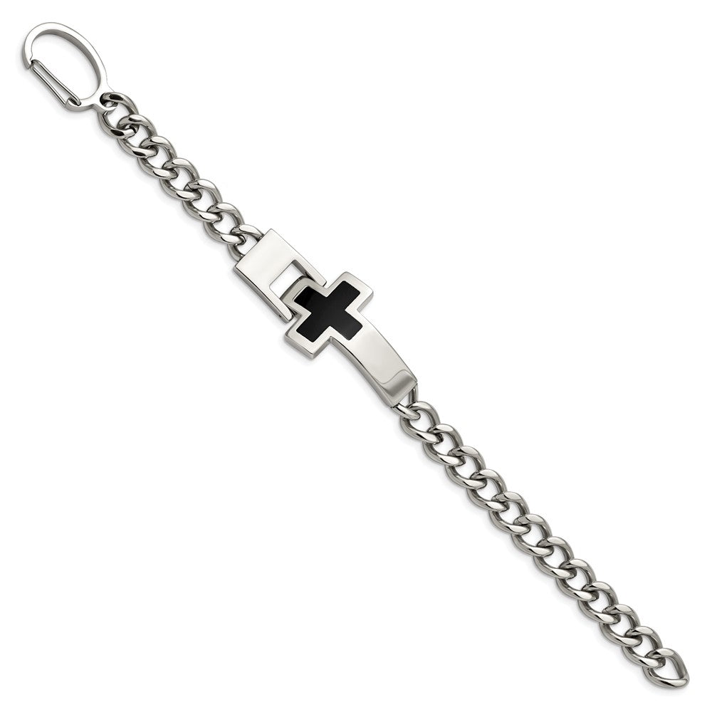 Edelstahl Chisel Poliert mit Schwarz Emaille Kreuz 9.25 Zoll Armband