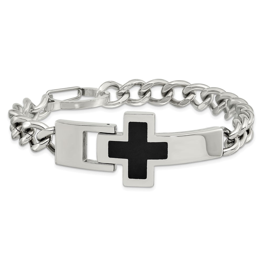 Edelstahl Chisel Poliert mit Schwarz Emaille Kreuz 9.25 Zoll Armband