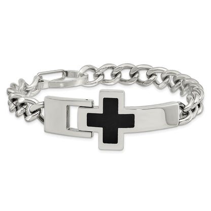 Edelstahl Chisel Poliert mit Schwarz Emaille Kreuz 9.25 Zoll Armband