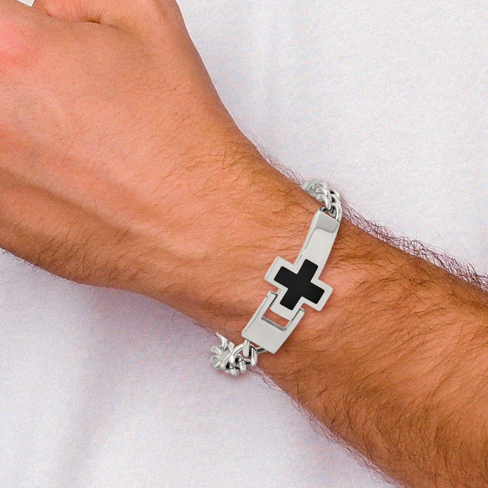 Edelstahl Chisel Poliert mit Schwarz Emaille Kreuz 9.25 Zoll Armband