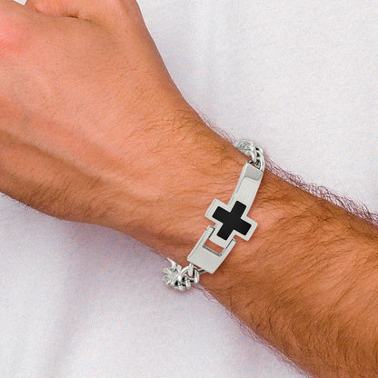 Edelstahl Chisel Poliert mit Schwarz Emaille Kreuz 9.25 Zoll Armband