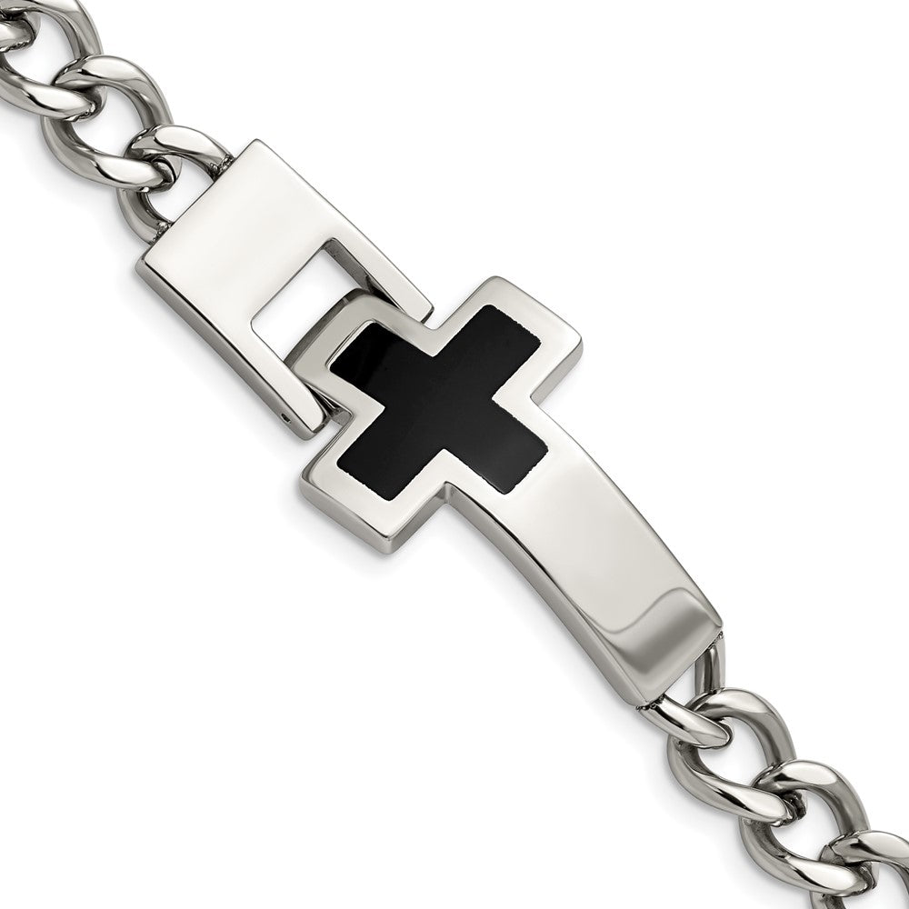 Edelstahl Chisel Poliert mit Schwarz Emaille Kreuz 9.25 Zoll Armband