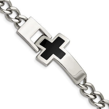 Edelstahl Chisel Poliert mit Schwarz Emaille Kreuz 9.25 Zoll Armband