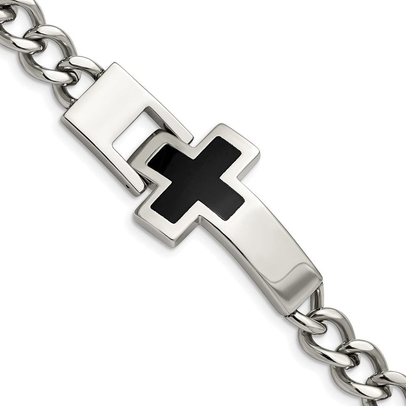 Edelstahl Chisel Poliert mit Schwarz Emaille Kreuz 9.25 Zoll Armband