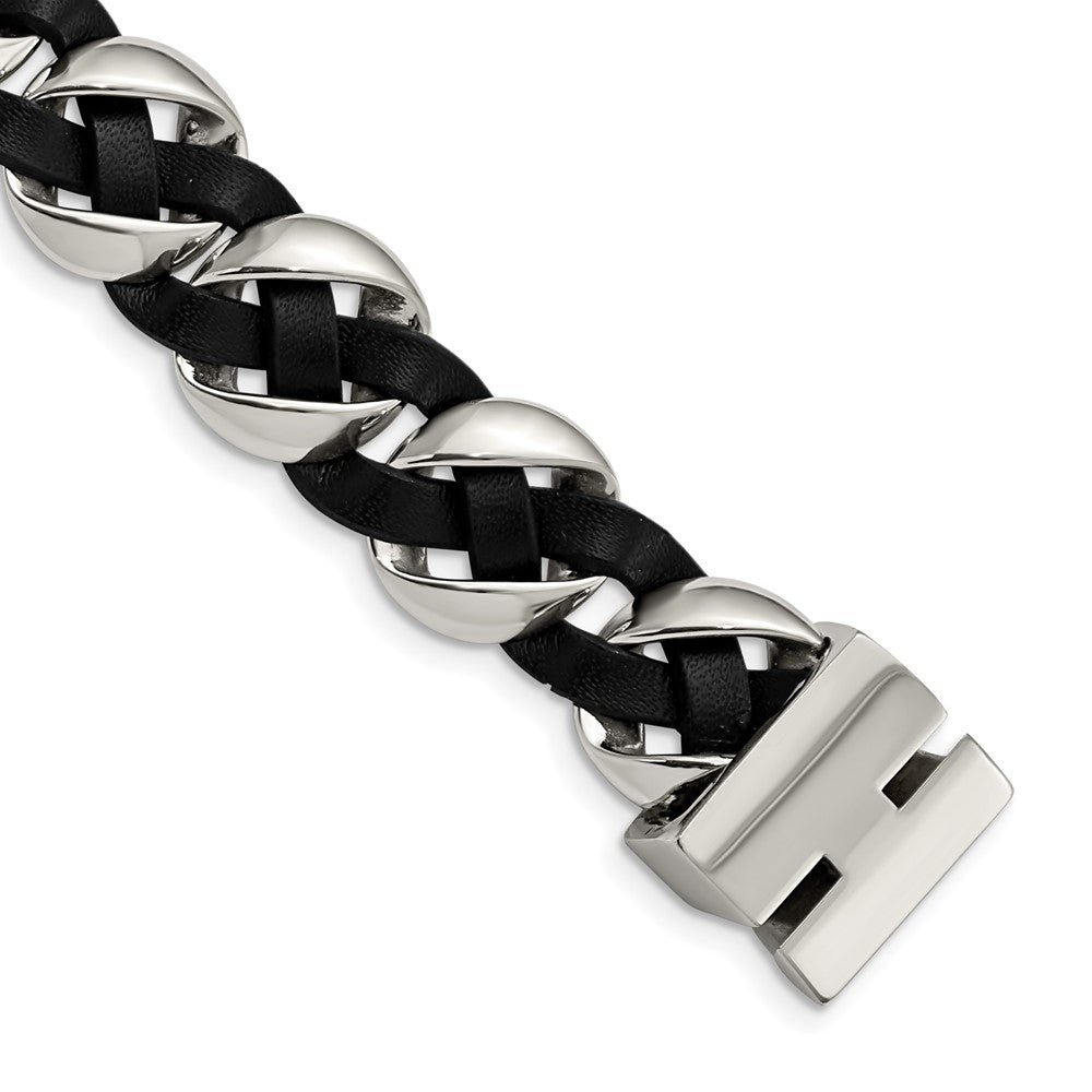 Edelstahl Chisel Poliert Schwarz Geflochten Leder 8 Zoll Armband
