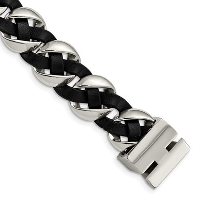 Edelstahl Chisel Poliert Schwarz Geflochten Leder 8 Zoll Armband