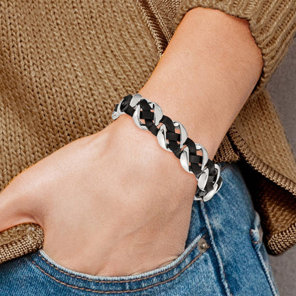 Edelstahl Chisel Poliert Schwarz Geflochten Leder 8 Zoll Armband
