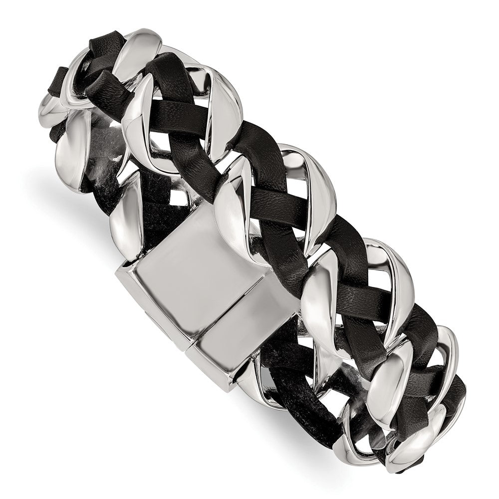 Edelstahl Chisel Poliert Schwarz Geflochten Leder 8 Zoll Armband