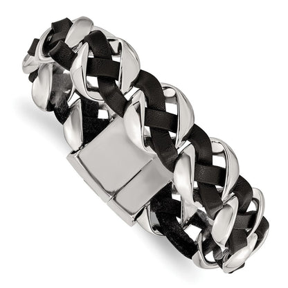 Edelstahl Chisel Poliert Schwarz Geflochten Leder 8 Zoll Armband