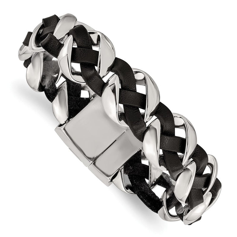 Edelstahl Chisel Poliert Schwarz Geflochten Leder 8 Zoll Armband
