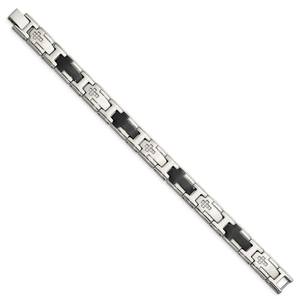 Edelstahl Chisel Poliert Schwarz Ip-beschichtet mit Zirkonia 8.5 Zoll Kreuz Glieder Armband