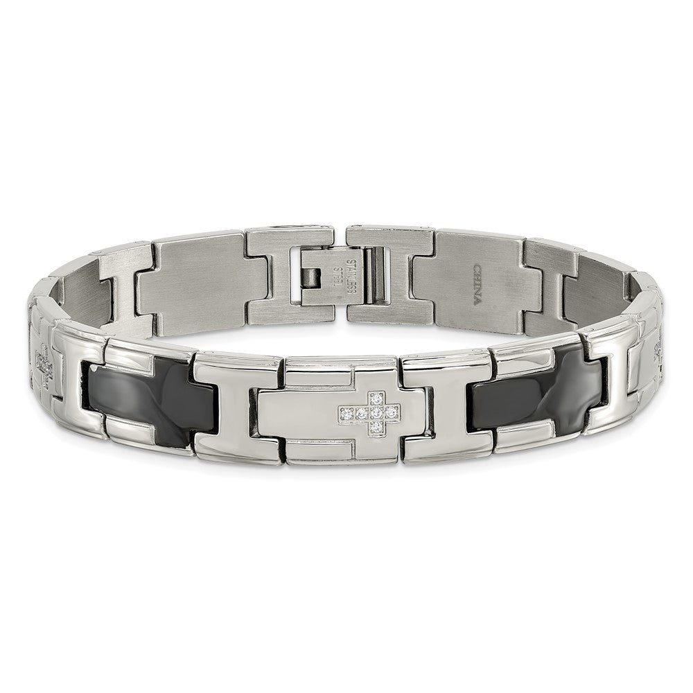 Edelstahl Chisel Poliert Schwarz Ip-beschichtet mit Zirkonia 8.5 Zoll Kreuz Glieder Armband