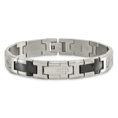 Edelstahl Chisel Poliert Schwarz Ip-beschichtet mit Zirkonia 8.5 Zoll Kreuz Glieder Armband