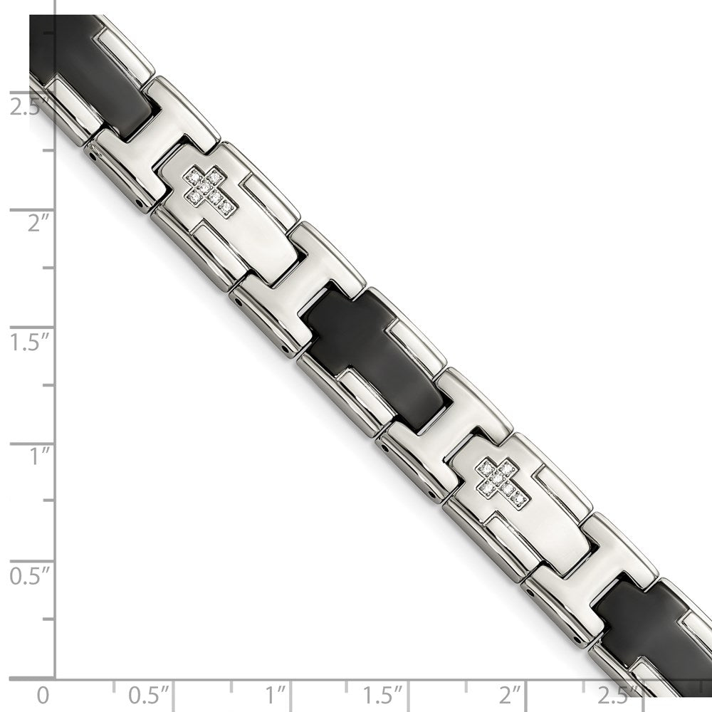 Edelstahl Chisel Poliert Schwarz Ip-beschichtet mit Zirkonia 8.5 Zoll Kreuz Glieder Armband