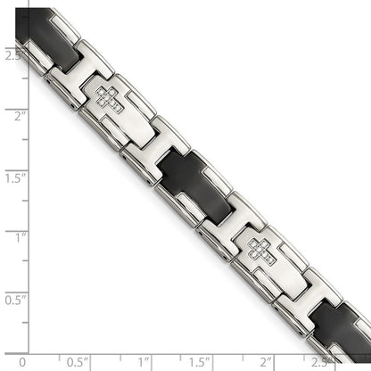Edelstahl Chisel Poliert Schwarz Ip-beschichtet mit Zirkonia 8.5 Zoll Kreuz Glieder Armband