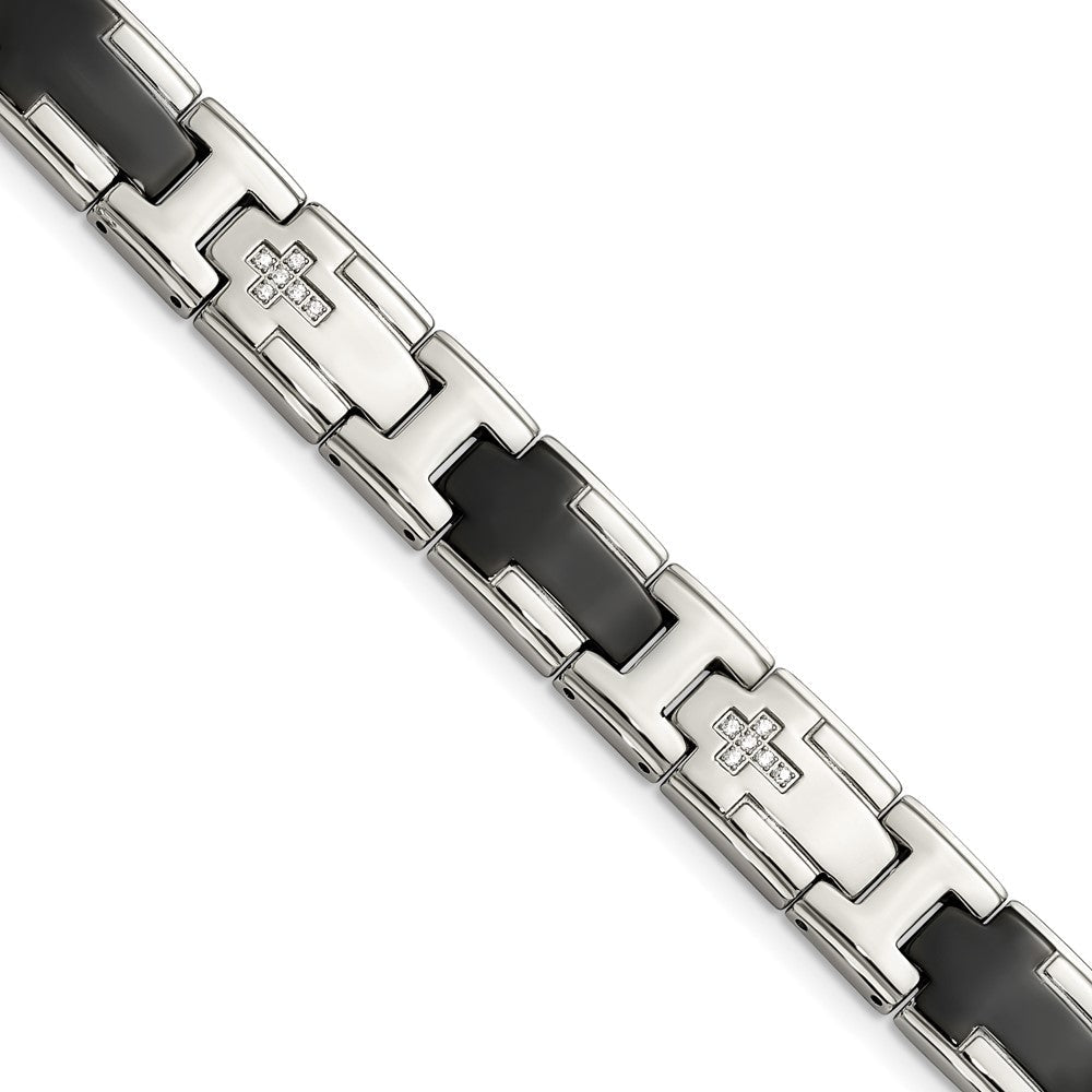 Edelstahl Chisel Poliert Schwarz Ip-beschichtet mit Zirkonia 8.5 Zoll Kreuz Glieder Armband