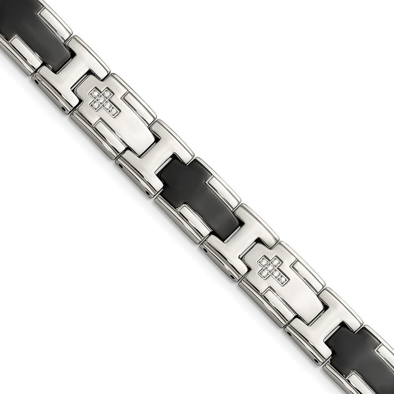 Edelstahl Chisel Poliert Schwarz Ip-beschichtet mit Zirkonia 8.5 Zoll Kreuz Glieder Armband