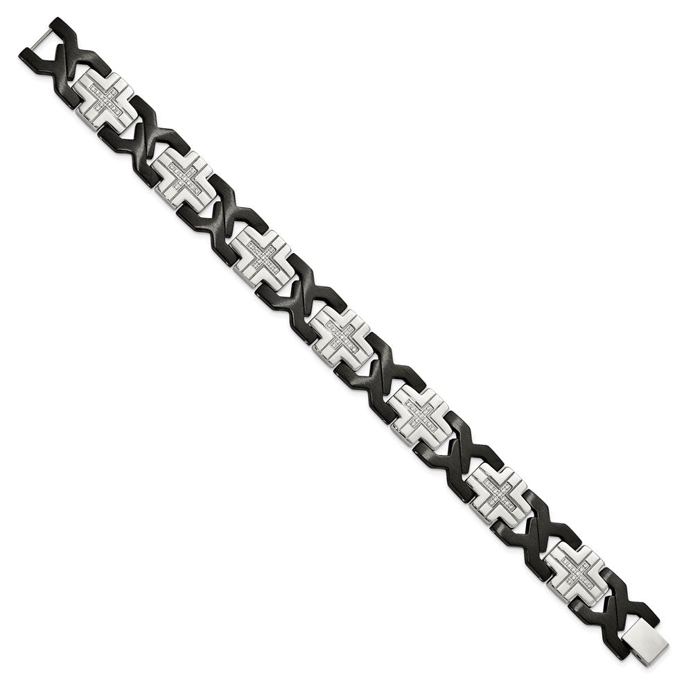 Edelstahl Chisel Gebürstet und Poliert Schwarz Ip-beschichtet mit Zirkonia 8.25 Zoll Kreuz Glieder Armband