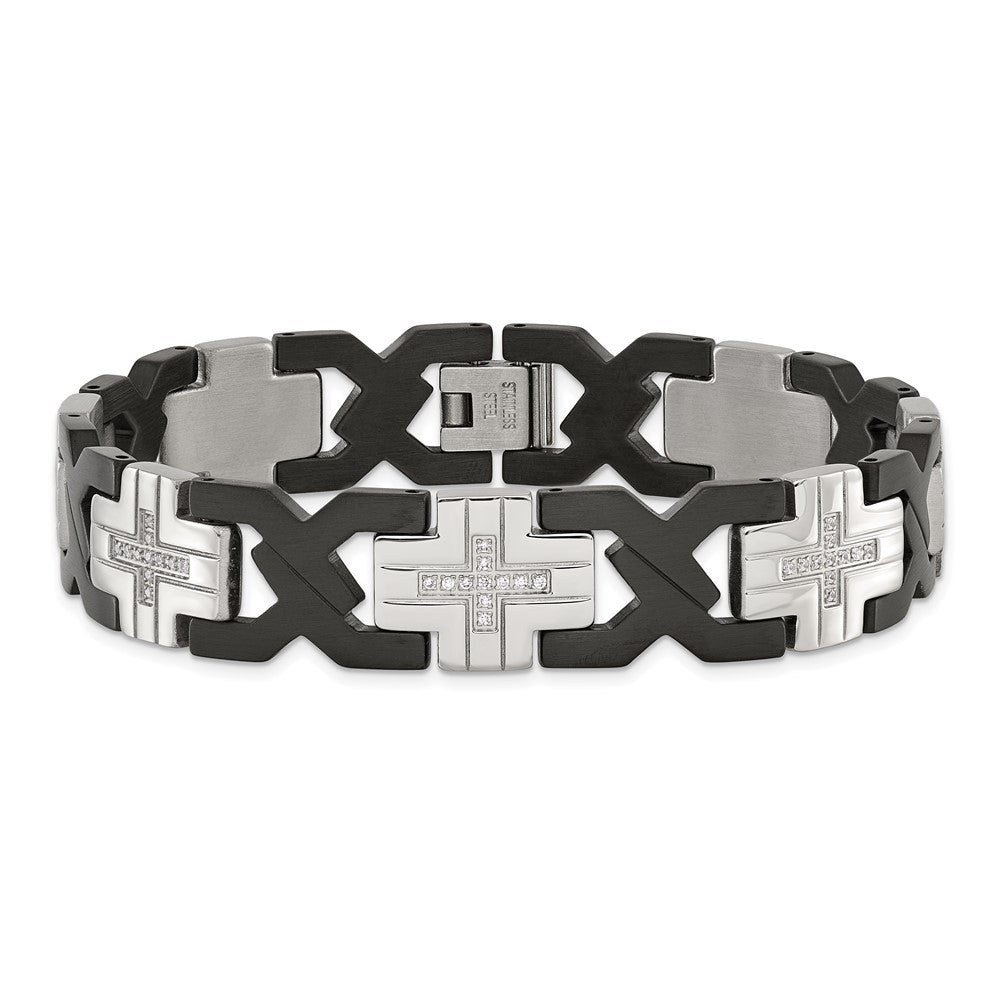 Edelstahl Chisel Gebürstet und Poliert Schwarz Ip-beschichtet mit Zirkonia 8.25 Zoll Kreuz Glieder Armband