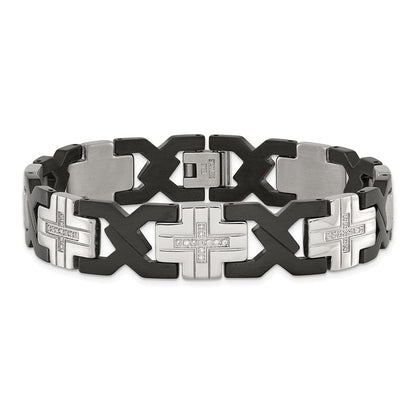 Edelstahl Chisel Gebürstet und Poliert Schwarz Ip-beschichtet mit Zirkonia 8.25 Zoll Kreuz Glieder Armband