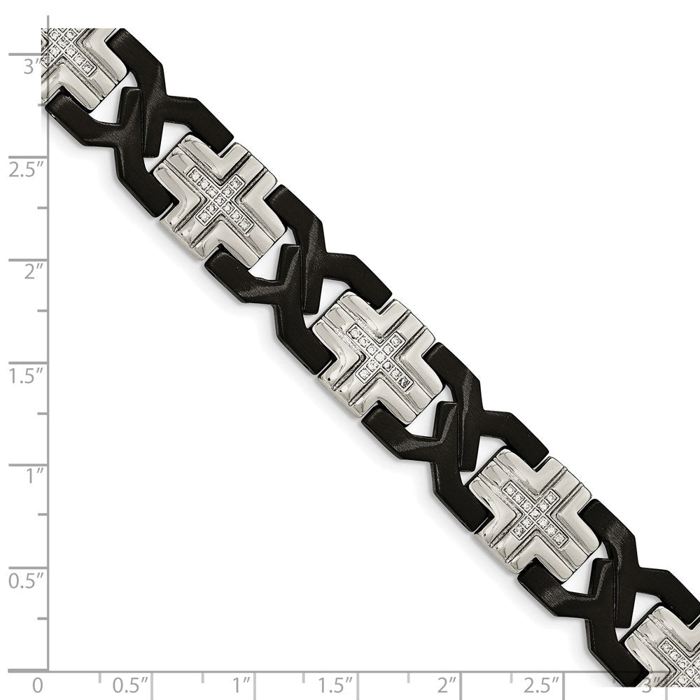 Edelstahl Chisel Gebürstet und Poliert Schwarz Ip-beschichtet mit Zirkonia 8.25 Zoll Kreuz Glieder Armband
