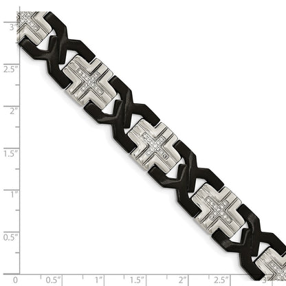 Edelstahl Chisel Gebürstet und Poliert Schwarz Ip-beschichtet mit Zirkonia 8.25 Zoll Kreuz Glieder Armband