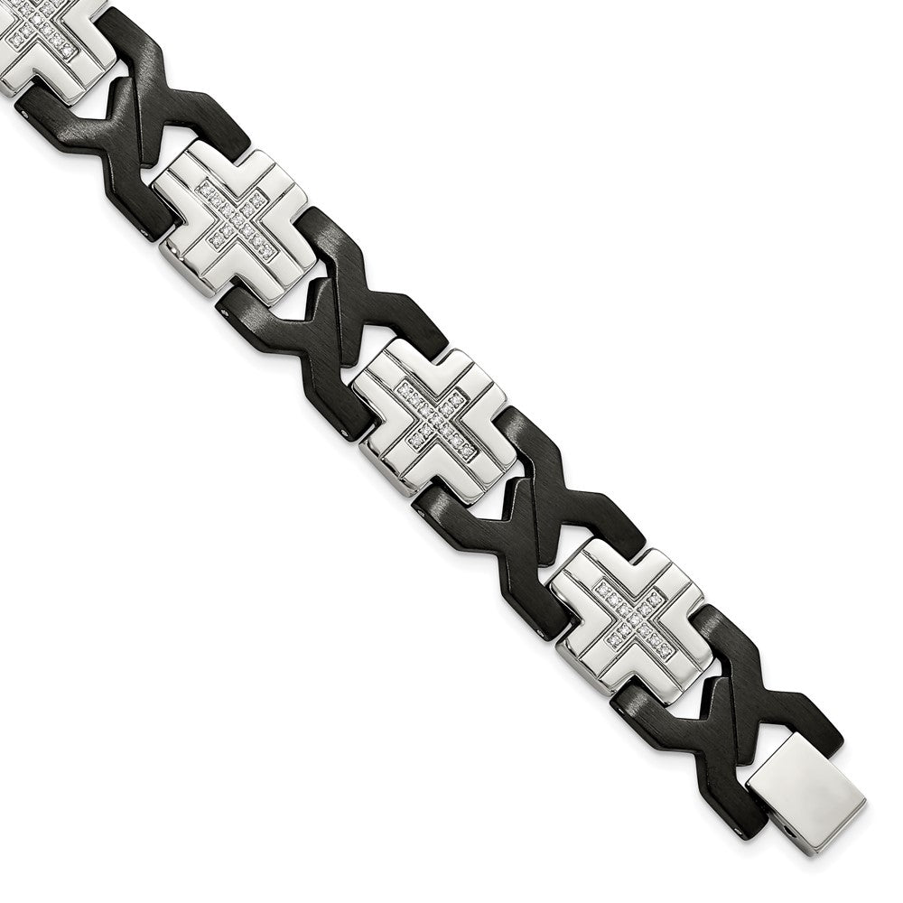 Edelstahl Chisel Gebürstet und Poliert Schwarz Ip-beschichtet mit Zirkonia 8.25 Zoll Kreuz Glieder Armband