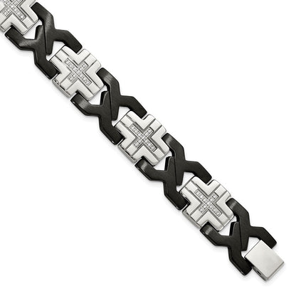Edelstahl Chisel Gebürstet und Poliert Schwarz Ip-beschichtet mit Zirkonia 8.25 Zoll Kreuz Glieder Armband