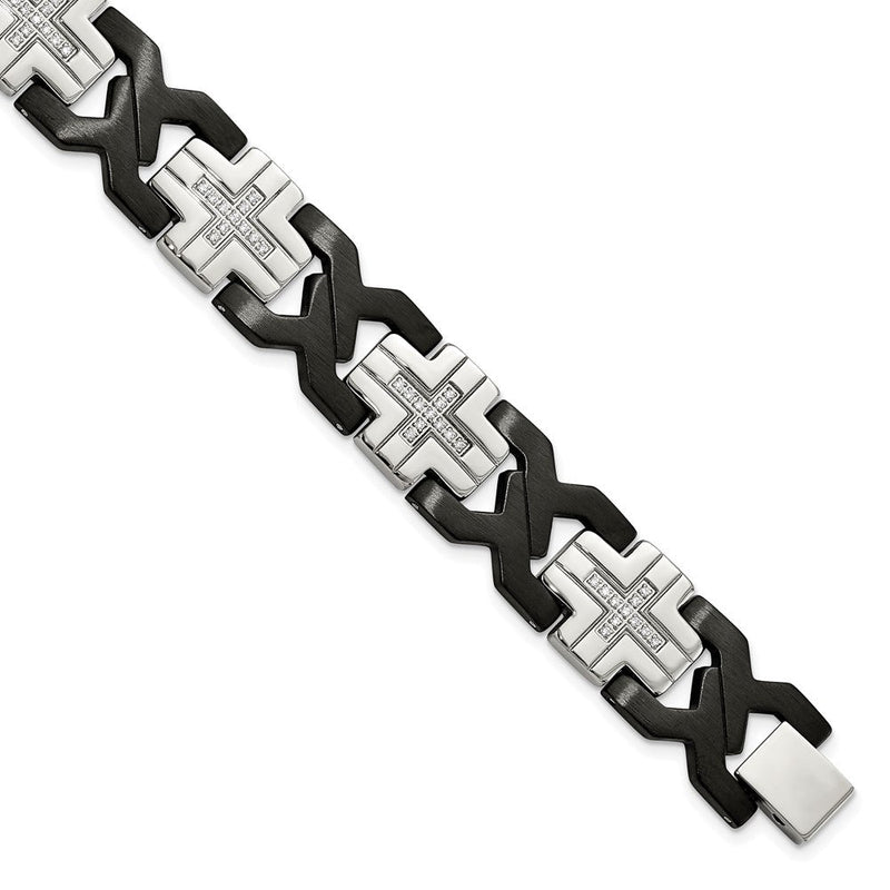 Edelstahl Chisel Gebürstet und Poliert Schwarz Ip-beschichtet mit Zirkonia 8.25 Zoll Kreuz Glieder Armband