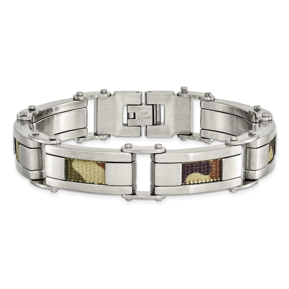 8.5 Zoll Edelstahl Gebürstet mit Braun Camo Stoff Einlage 8.5 Zoll Armband