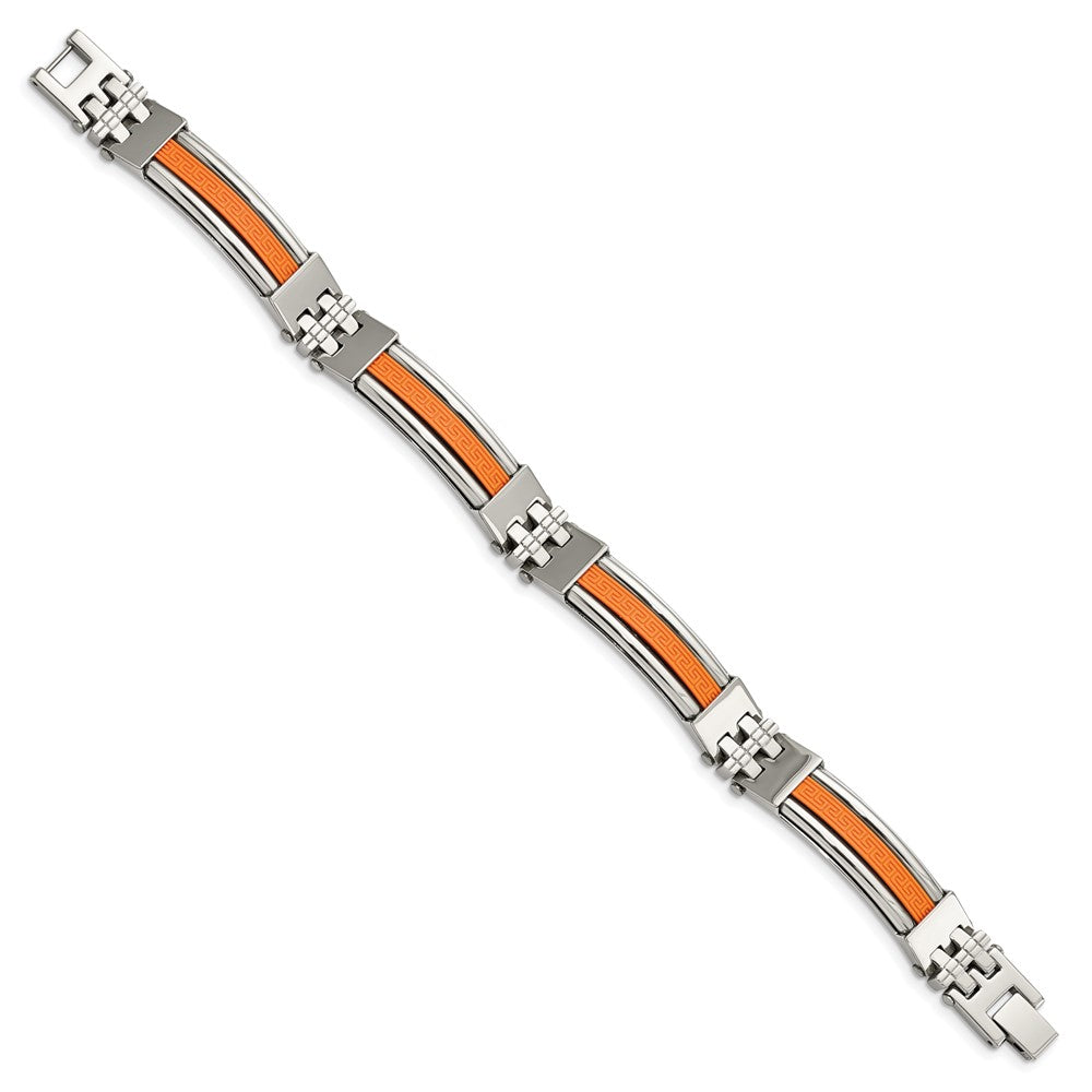 Edelstahl Chisel Poliert mit Orange Greek Key Design Gummi Einlage 9 Zoll Armband