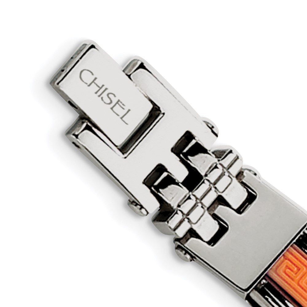 Edelstahl Chisel Poliert mit Orange Greek Key Design Gummi Einlage 9 Zoll Armband