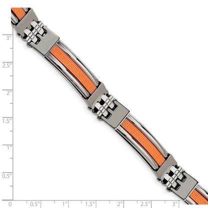 Edelstahl Chisel Poliert mit Orange Greek Key Design Gummi Einlage 9 Zoll Armband