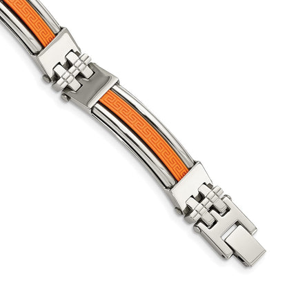 Edelstahl Chisel Poliert mit Orange Greek Key Design Gummi Einlage 9 Zoll Armband